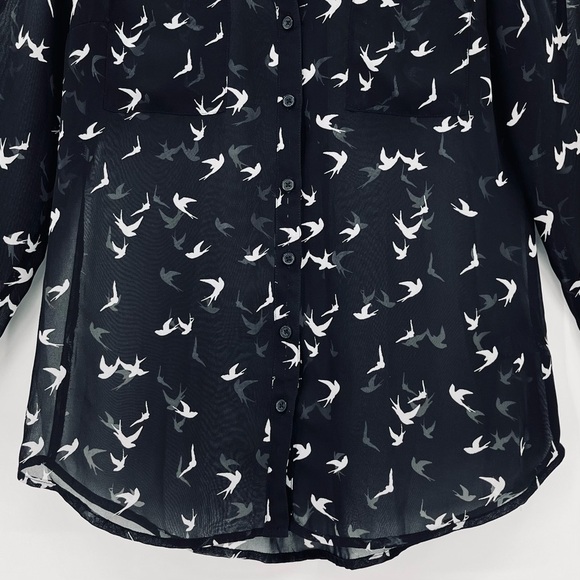 Express Portofino Sheer Black Bird Print Roll-Tab Sleeve Button-Down Shirt - Picture 5 of 10